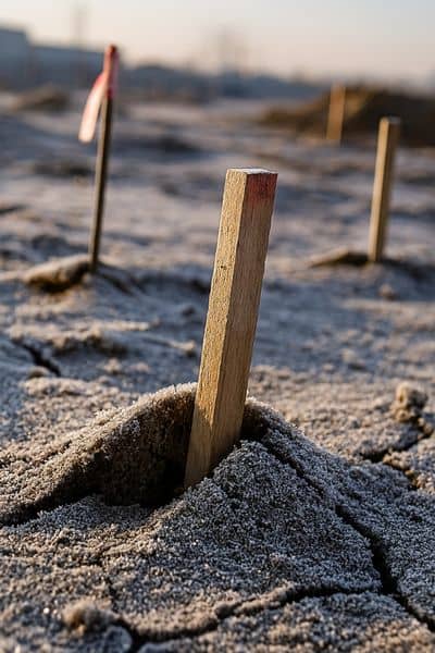 Frost lifting and tilting construction stakes on a frozen construction site showing effects on survey accuracy
