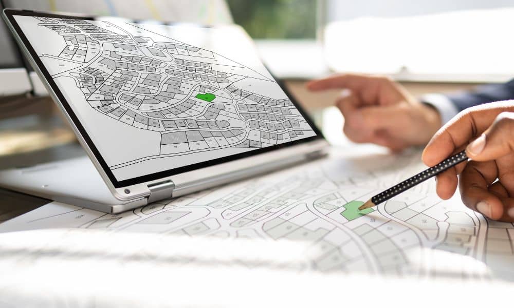Engineer reviewing digital land survey maps and historic plats for alta land title survey data modernization