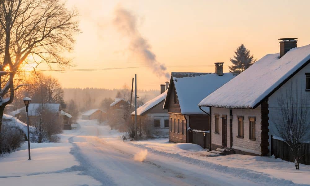 A snowy residential street at sunrise representing the kind of winter conditions a licensed land surveyor helps homeowners prepare for
