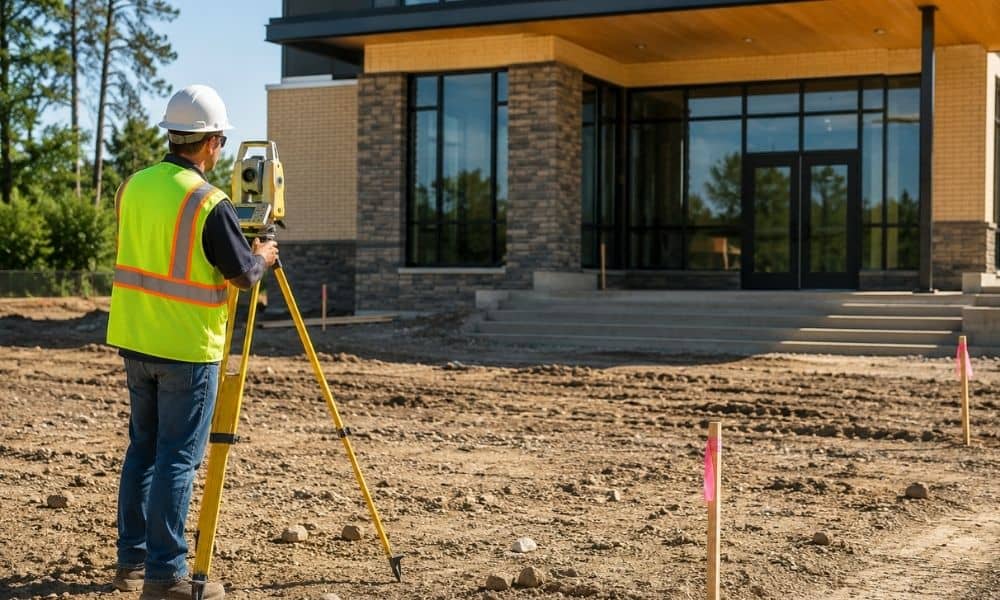 Licensed land surveyor using GPS equipment to measure a newly completed construction site before final project approval