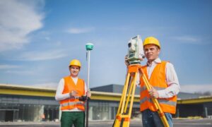 Surveyors conducting an ALTA land survey on a commercial property in Minneapolis