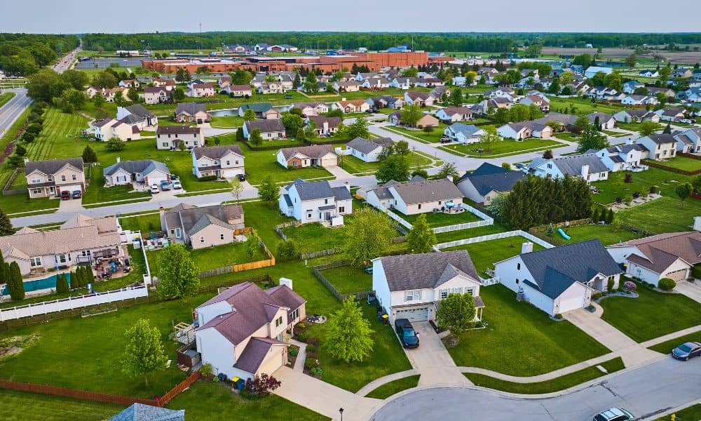 Aerial photo from drone surveying showing clear residential property boundaries.