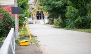 Survey equipment roadside setup - ALTA SURVEY Minneapolis A survey tripod set up along a quiet roadway as part of a topographic survey to map land features and elevation