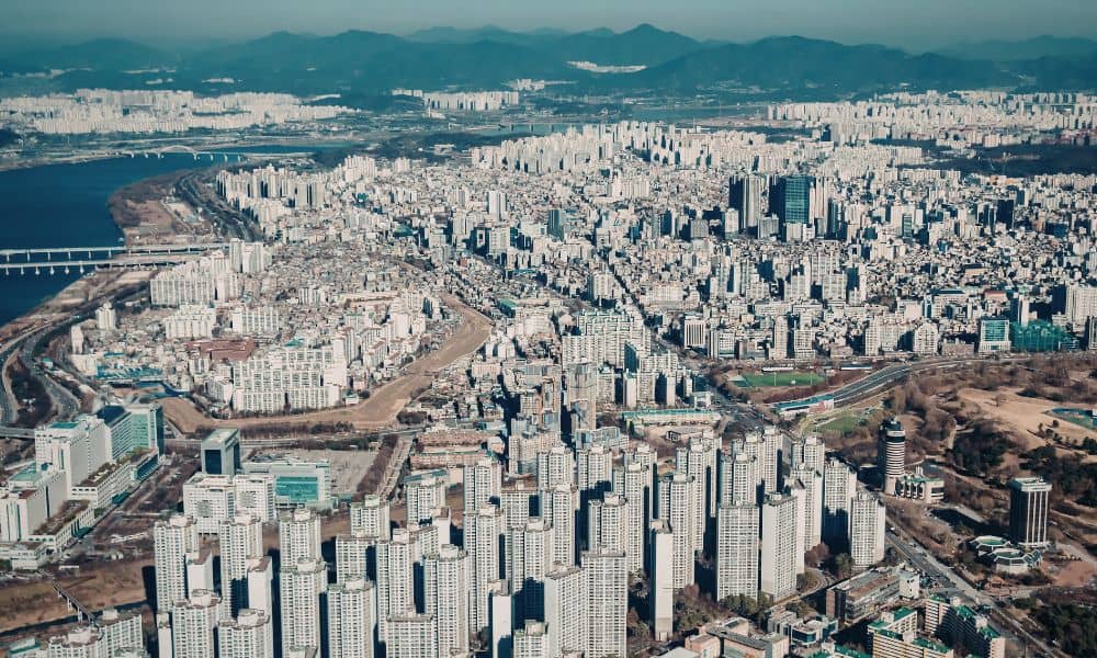 Aerial urban commercial property density - ALTA SURVEY Minneapolis Aerial view of dense urban commercial properties showing why an ALTA Survey is critical for managing risk in high-value real estate transactions