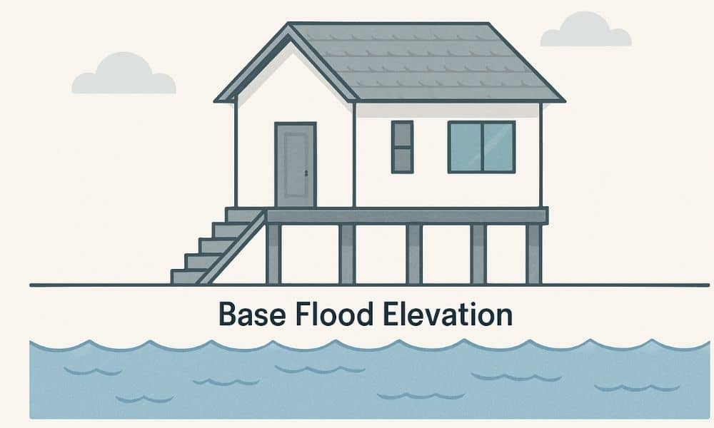 Diagram showing how a FEMA elevation certificate compares a home’s height to the base flood elevation