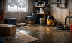 Basement water damage in a home caused by frozen pipes and ice dams during a deep winter freeze, leading homeowners to request an elevation certificate