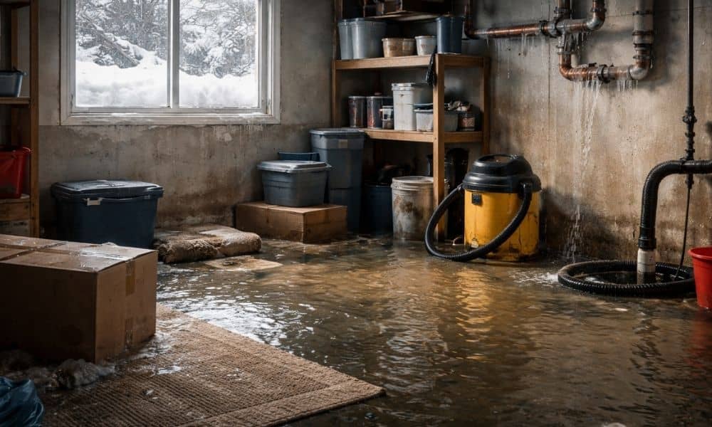 Basement water damage in a home caused by frozen pipes and ice dams during a deep winter freeze, leading homeowners to request an elevation certificate