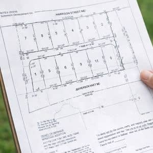 Subdivision plat map on clipboard - ALTA SURVEY Minneapolis Plat map document used by a local surveyor to confirm property boundary lines