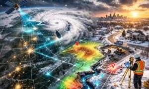Satellite view of a powerful winter storm over the Midwest with layered terrain data illustrating how survey mapping adapts to changing land conditions