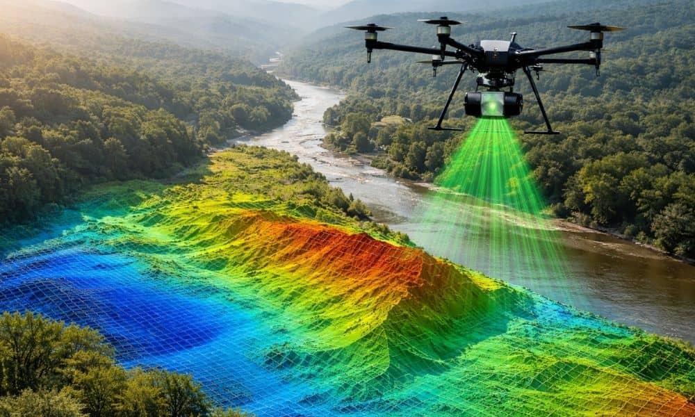 Drone capturing detailed terrain data for lidar mapping used in flood planning and elevation analysis