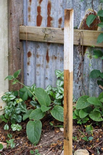 Residential property boundary stake near fence - ALTA SURVEY Minneapolis Boundary stake marking a property line near a backyard fence, used during a land survey