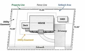 Plat of survey showing property boundaries, house placement, easements, and lot measurements before building a fence