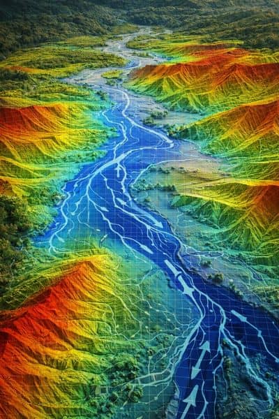 Detailed terrain elevation model showing how lidar mapping helps engineers analyze flood risk and water flow patterns