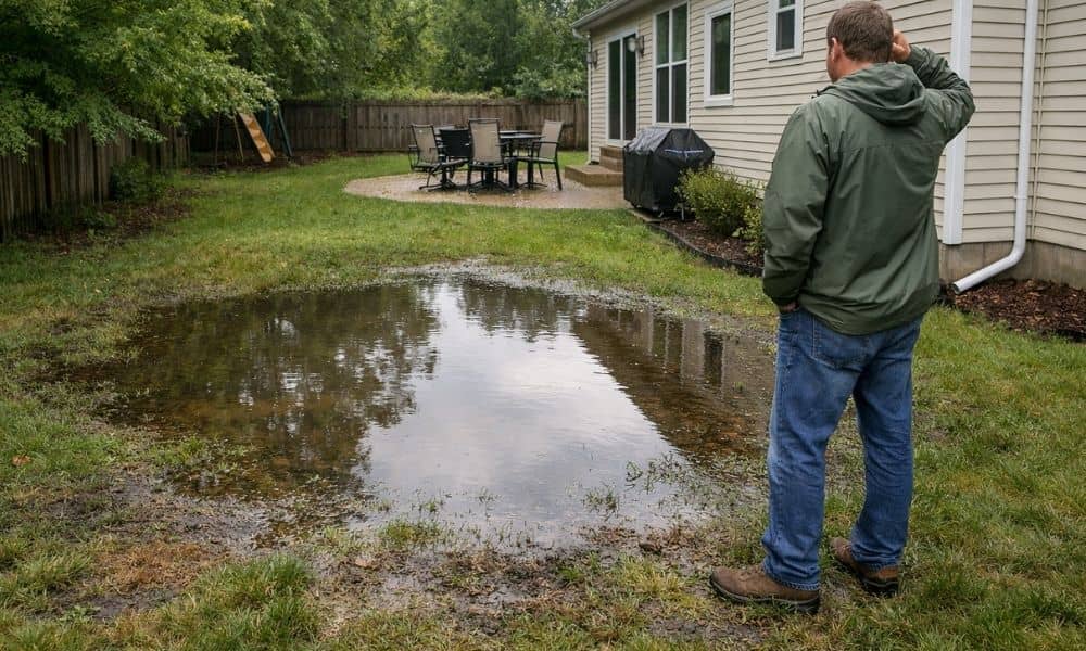 Backyard standing water after rain - ALTA SURVEY Minneapolis Standing water pooling in a backyard lawn after rain showing a drainage issue that lidar mapping can help identify