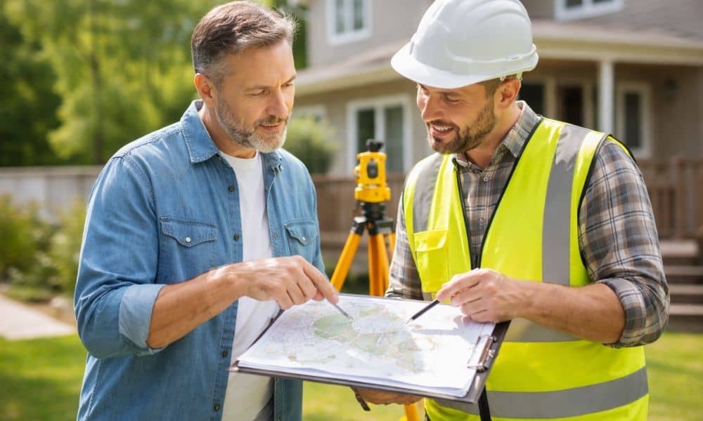 Homeowner discussing property details with a land surveyor while reviewing plans on-site to compare surveying companies