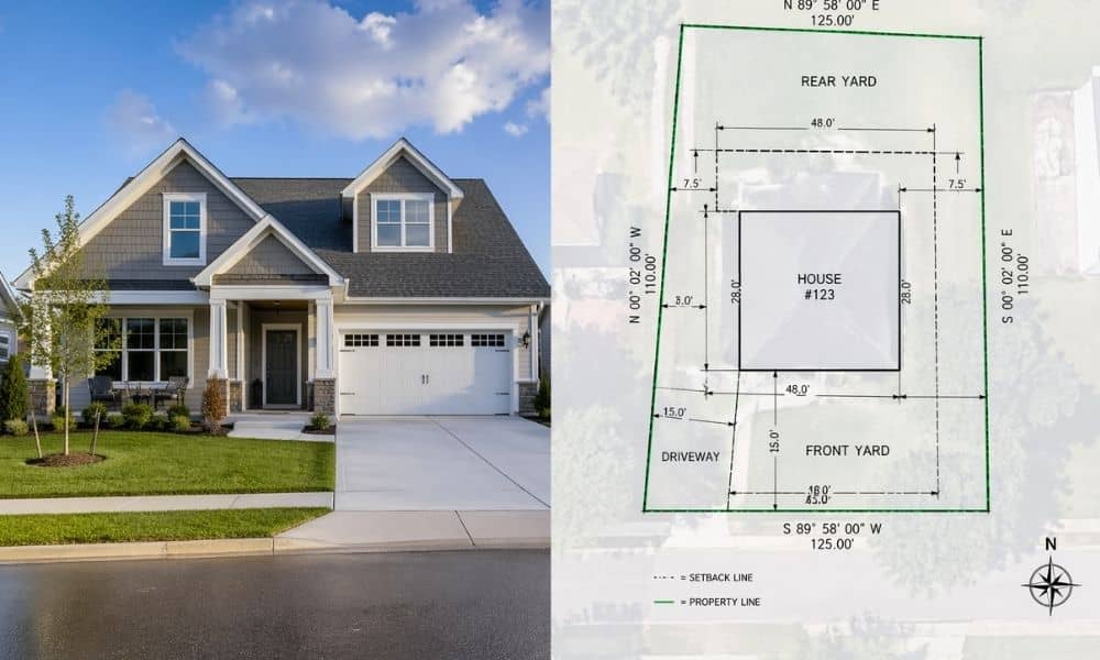 Side-by-side view of a suburban home and its property survey map showing how a house survey reveals the real land layout that online listings do not show