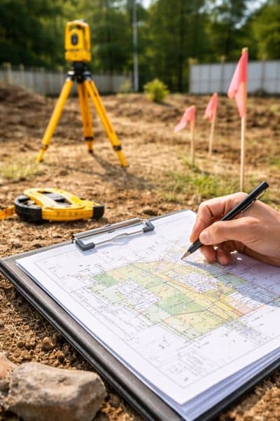 Surveyor reviewing detailed site plans and measuring land boundaries on-site to ensure accurate results when working with surveying companies