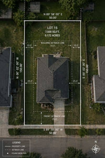 Aerial view of a residential property showing a detailed survey map overlay with boundary lines, illustrating how a house survey clarifies unclear property edges not shown in online listings