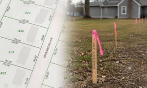 Side-by-side view of a property map and ground survey markers, showing how a licensed land surveyor verifies true boundaries