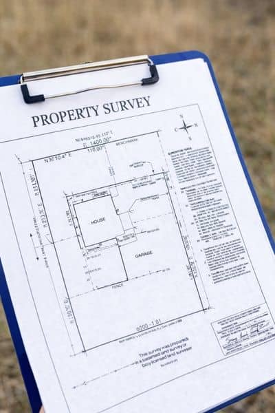 Printed lot survey document showing property lines, measurements, and annotations on a table