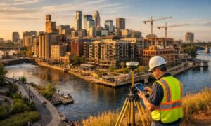 Surveyor performing an ALTA land survey overlooking a redeveloped Minneapolis riverfront along the Mississippi River