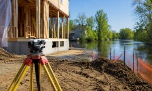 Land survey equipment at a home renovation site near a river for an elevation certificate in a floodplain area