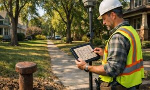A licensed land surveyor reviews old plats before verifying property corners in a residential neighborhood