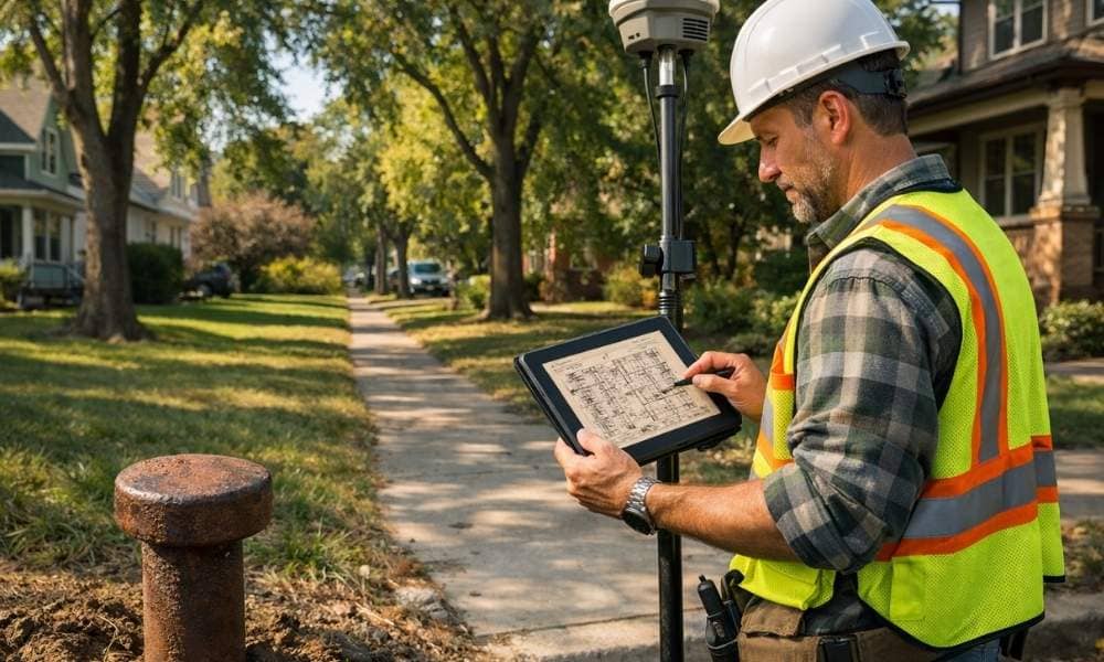 A licensed land surveyor reviews old plats before verifying property corners in a residential neighborhood