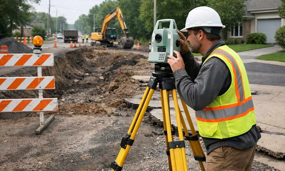 Surveyor road construction property access alta - ALTA SURVEY Minneapolis Surveyor working with total station near active road construction affecting property access