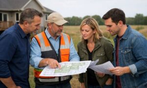 Cadastral surveyor reviewing a property map with family members before dividing inherited land