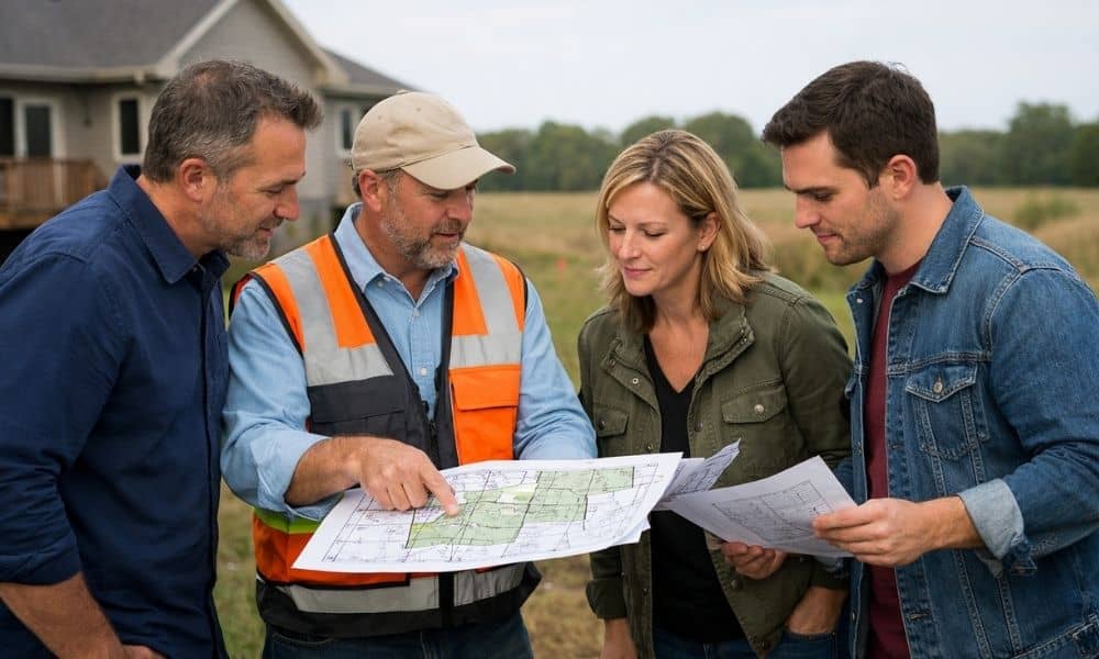 Cadastral surveyor reviewing a property map with family members before dividing inherited land