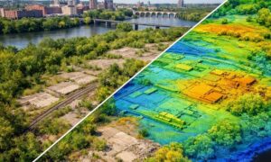 An overgrown industrial riverfront site shown alongside a LiDAR mapping view that reveals buried foundations, old rail lines, and changes in the ground beneath the vegetation