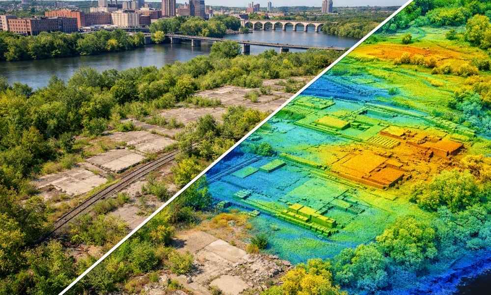 An overgrown industrial riverfront site shown alongside a LiDAR mapping view that reveals buried foundations, old rail lines, and changes in the ground beneath the vegetation