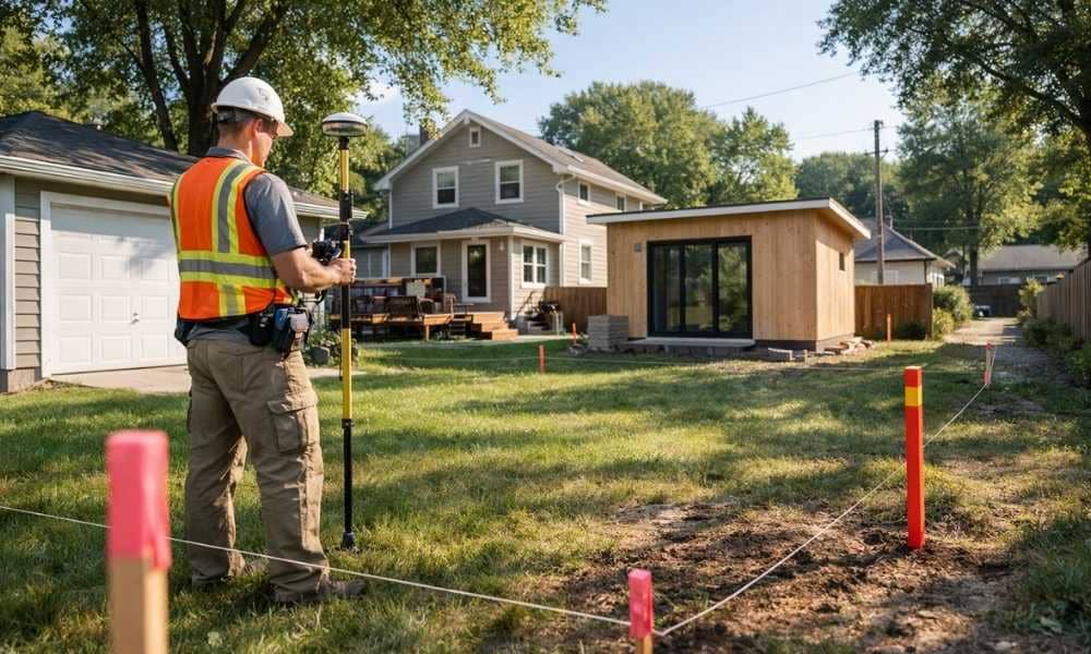 A surveyor performs a residential land survey in a backyard before construction of a detached studio and garage