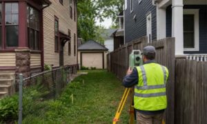 Land surveyor measuring a narrow residential lot in minneapolis minnesota